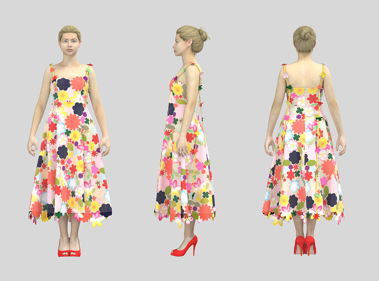 3d服装设计建模试穿刘亦菲花朵裙高定礼服走秀视频制作