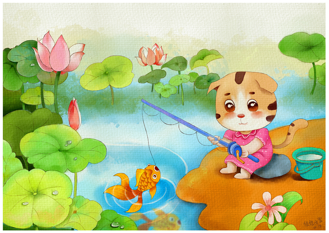 小猫钓鱼开心可爱卡通壁纸图片_装饰图案_设计元素-图行天下素材网