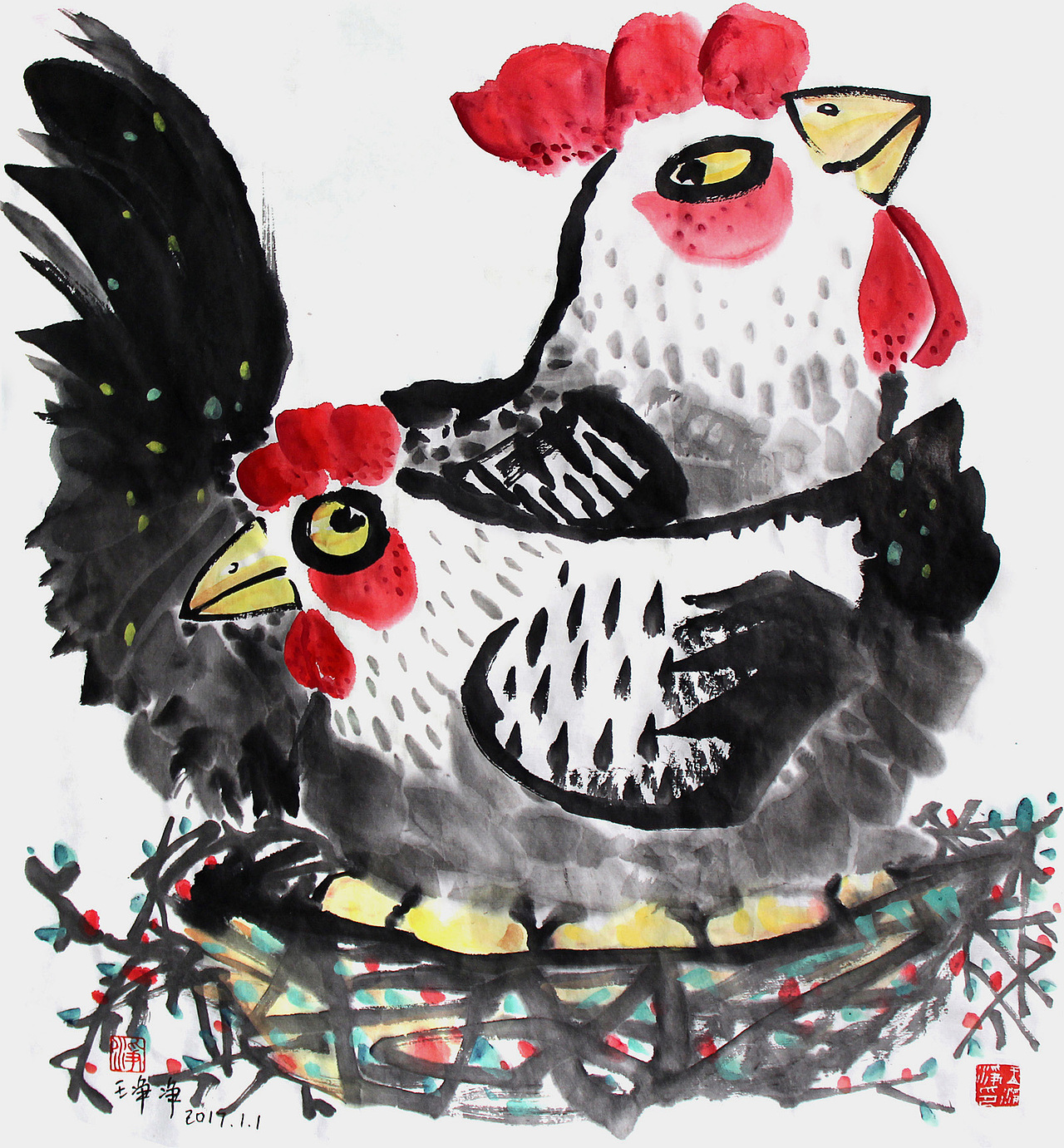 画儿晴天王净净水墨插画鸡系列画