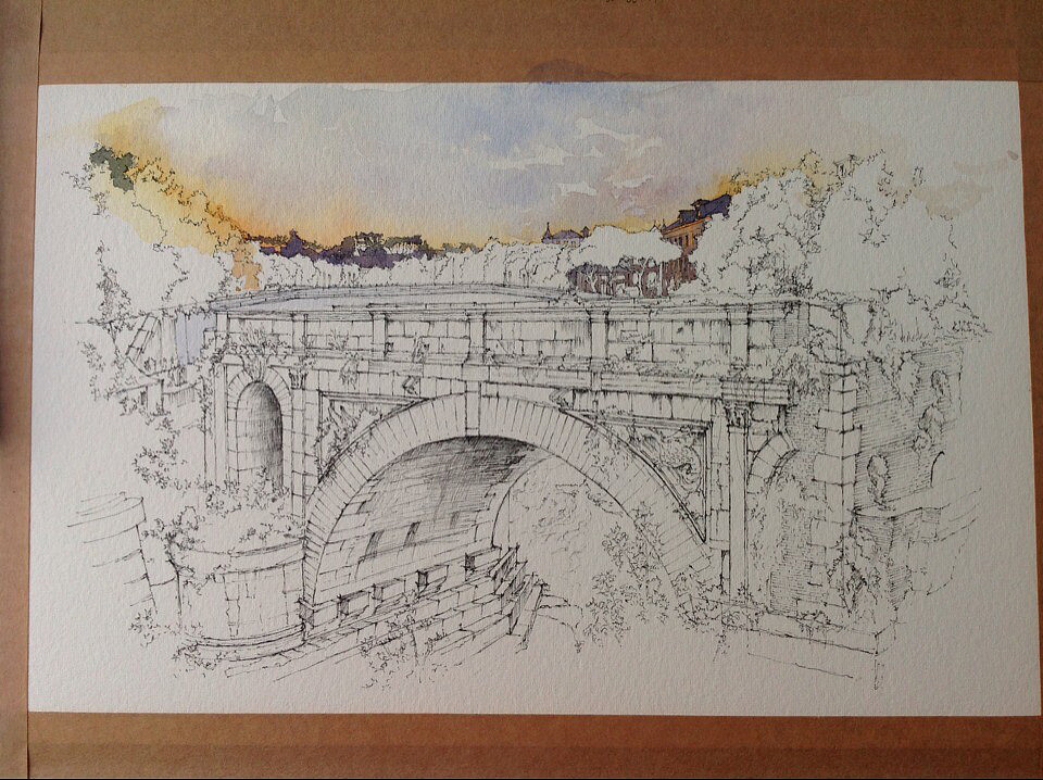 建筑水彩手绘—桥(过程)