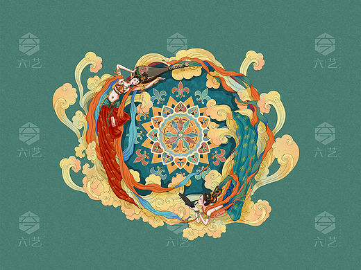 原创敦煌飞天人物设计插画手绘装饰图案