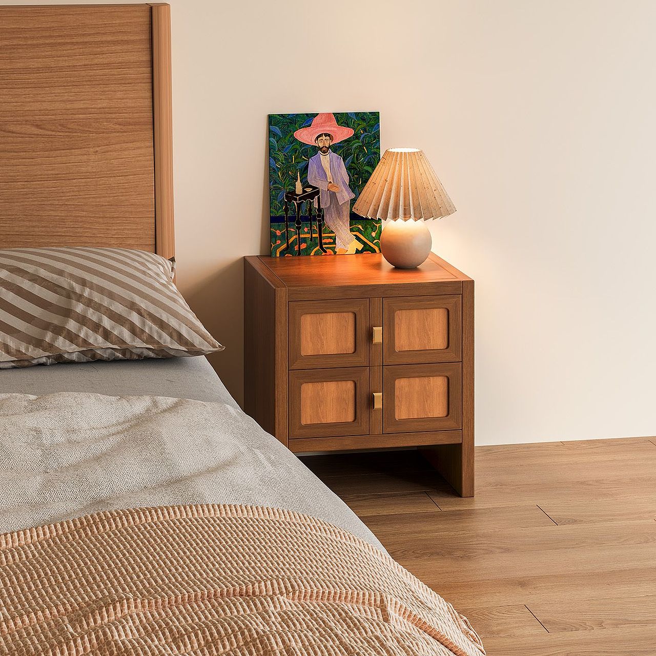 原木花纹床头柜