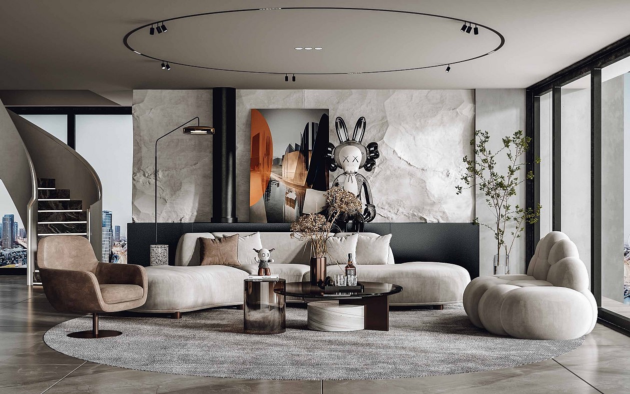 现代别墅客厅全景效果图设计