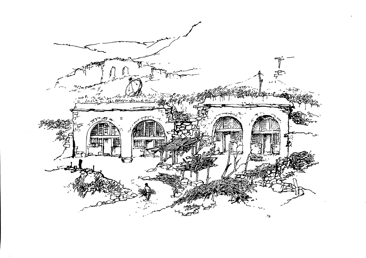窑洞风景速写_延杨红钢笔画-站酷zcool