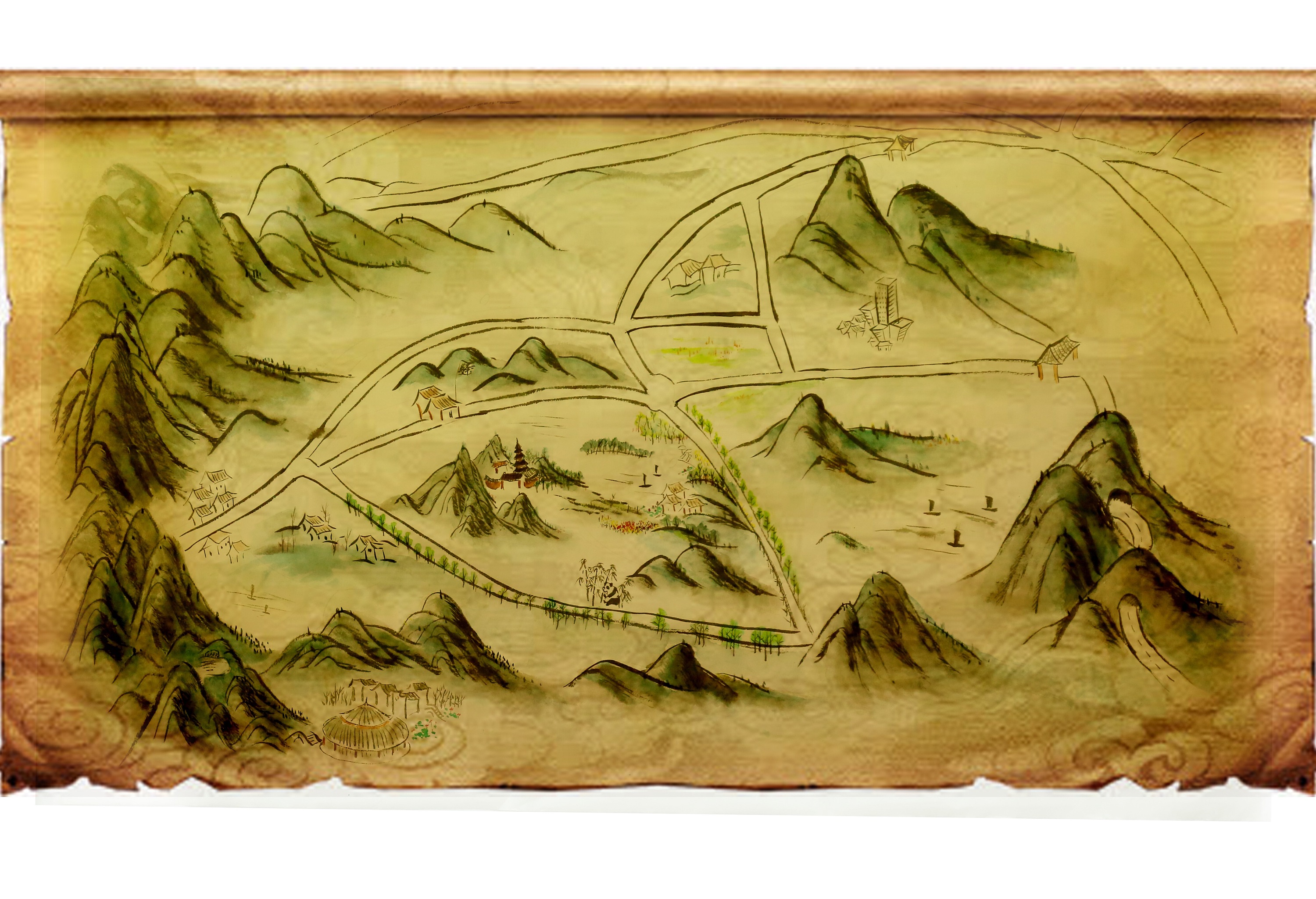 手绘山水水墨画加电脑后期合成房产地图海报设计