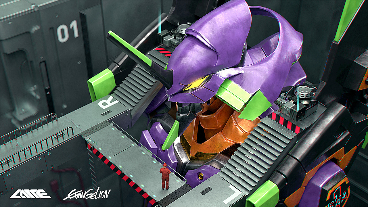 在机库待机部分解除拘束器,准备发射电梯口初号机被