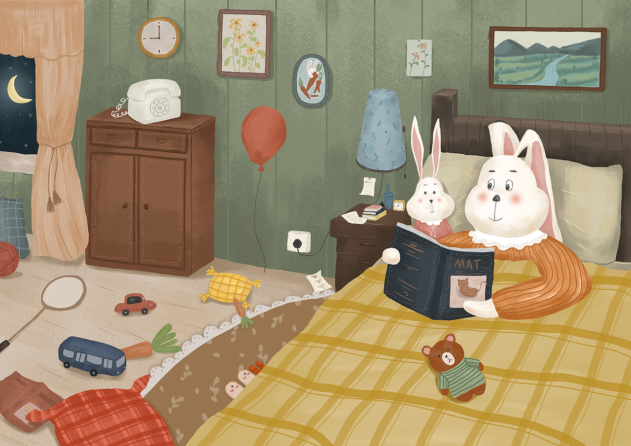 兔妈妈给兔姐姐讲睡前故事。