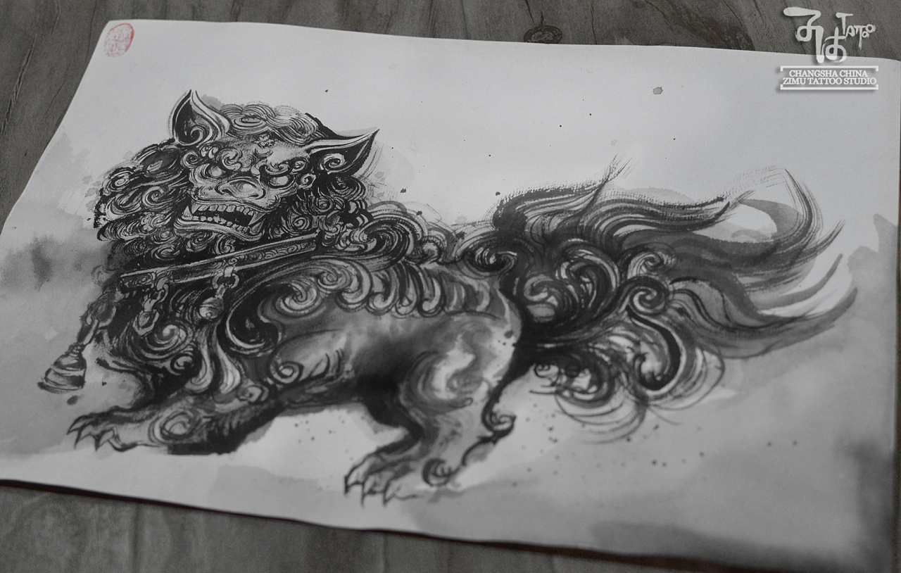长沙子沐刺青纹身工作室毛笔水墨中国风手稿唐狮狻猊|插画|商业插画