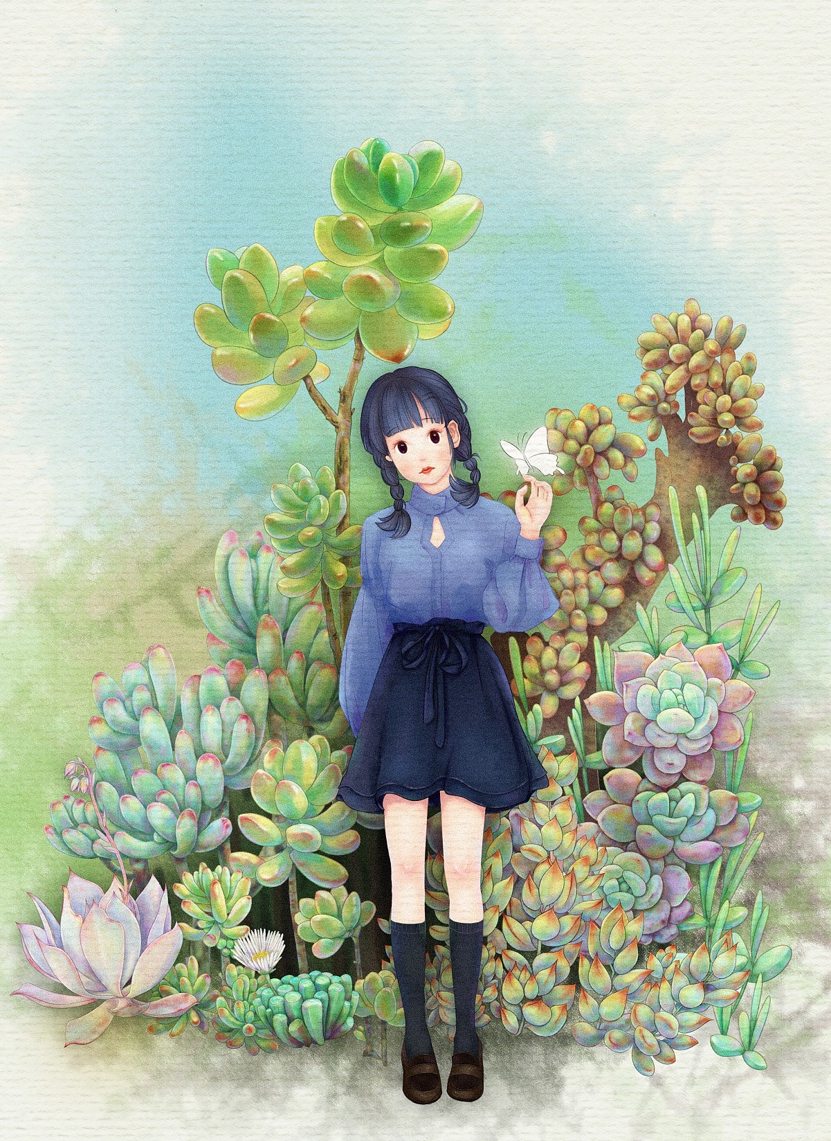 多肉花花丛里的你