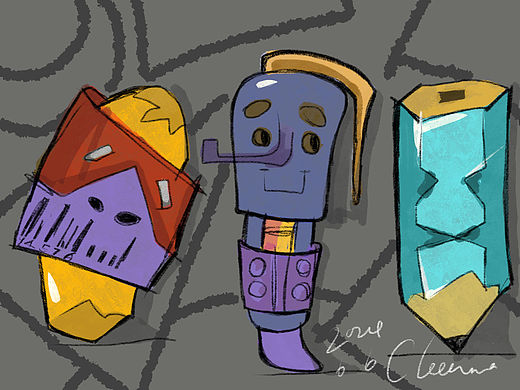 橡皮伯伯。水笔卡卡。铅笔凹凹