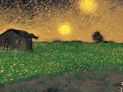 #AI创作实验室#夜晚的花田  旁边有小屋 屋内透过窗外
