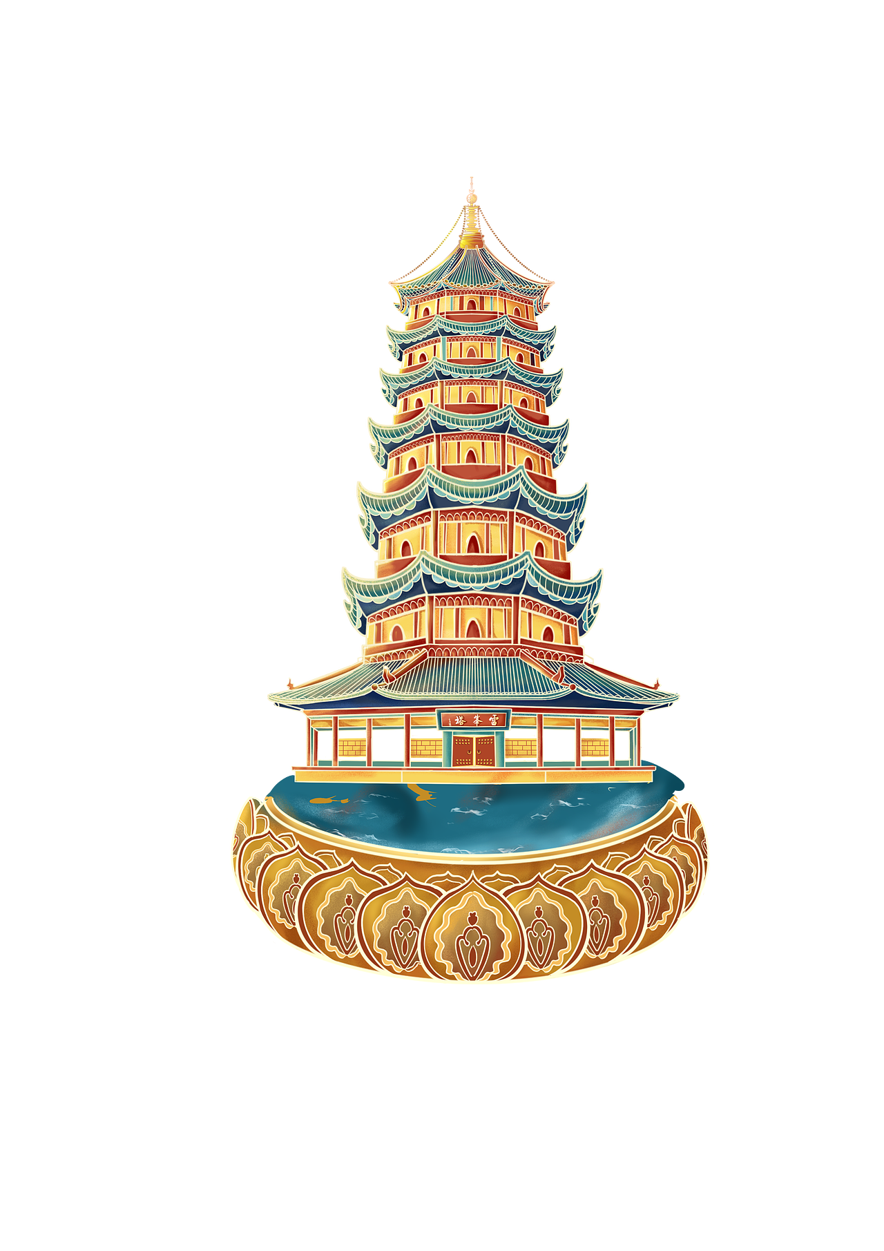 国风插画雷峰塔建筑白蛇青蛇元素