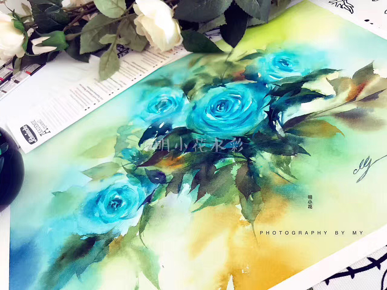 明小花一组招牌水彩花卉玫瑰系~