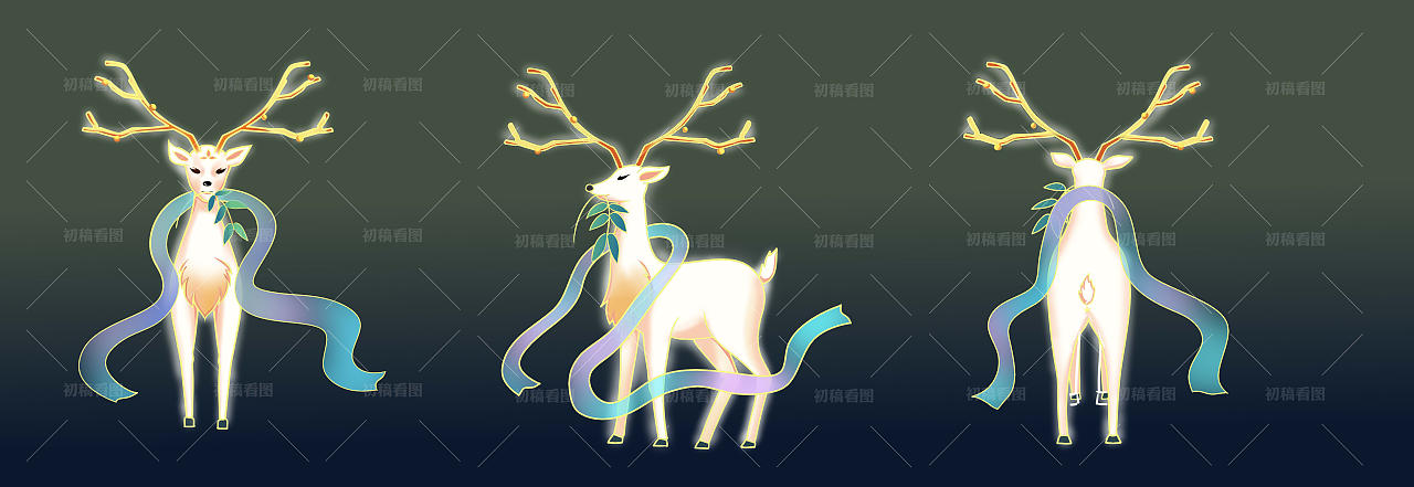 海南观音国潮插画小鹿三视图
