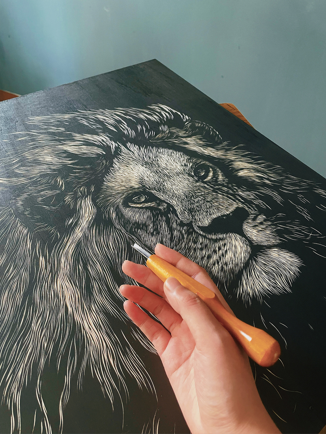 手工雕刻黑白木刻版画·狮子