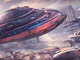 #站酷夢(mèng)筆#巨大的飛船，賽博朋克,插畫