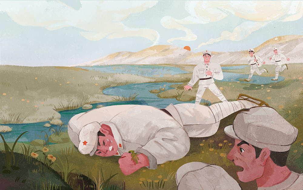 张思德抢尝毒草，中毒倒地。