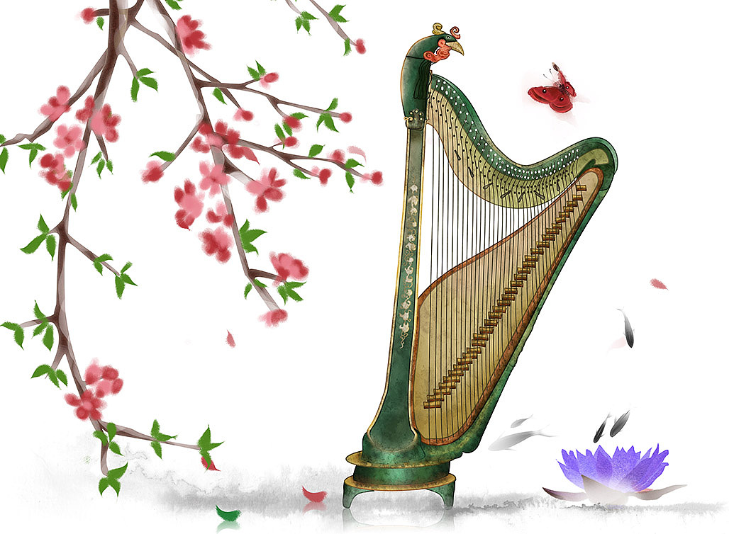 古风手绘《民乐与四季》琵琶阮竖琴编钟笙笛子古筝埙鼓|插画|商业插画