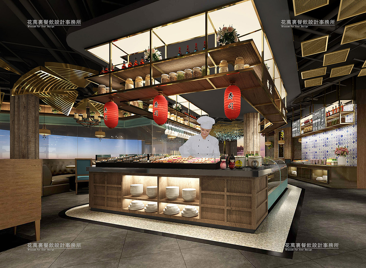 餐厅采用半开放式的明档形式,让消费者更直观地看到食到美食的制作过程,体现出餐厅对于新鲜食材的绝对信心。花万里设计师充分利用明档上方的吊顶作为展示空间,用装有天然食材的玻璃瓶和酒具,将整个空间装点得既精致又大气不失格调。
<br>