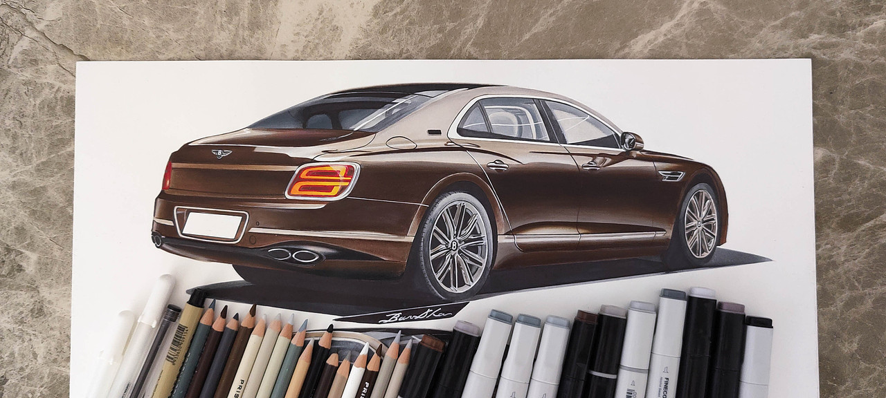 汽车手绘宾利飞驰马克笔彩铅手绘