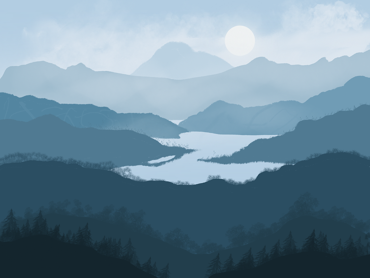 插画习作-山水落日