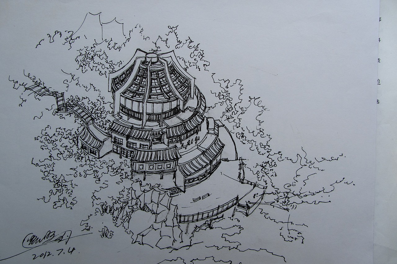 钢笔画建筑风景手绘线稿