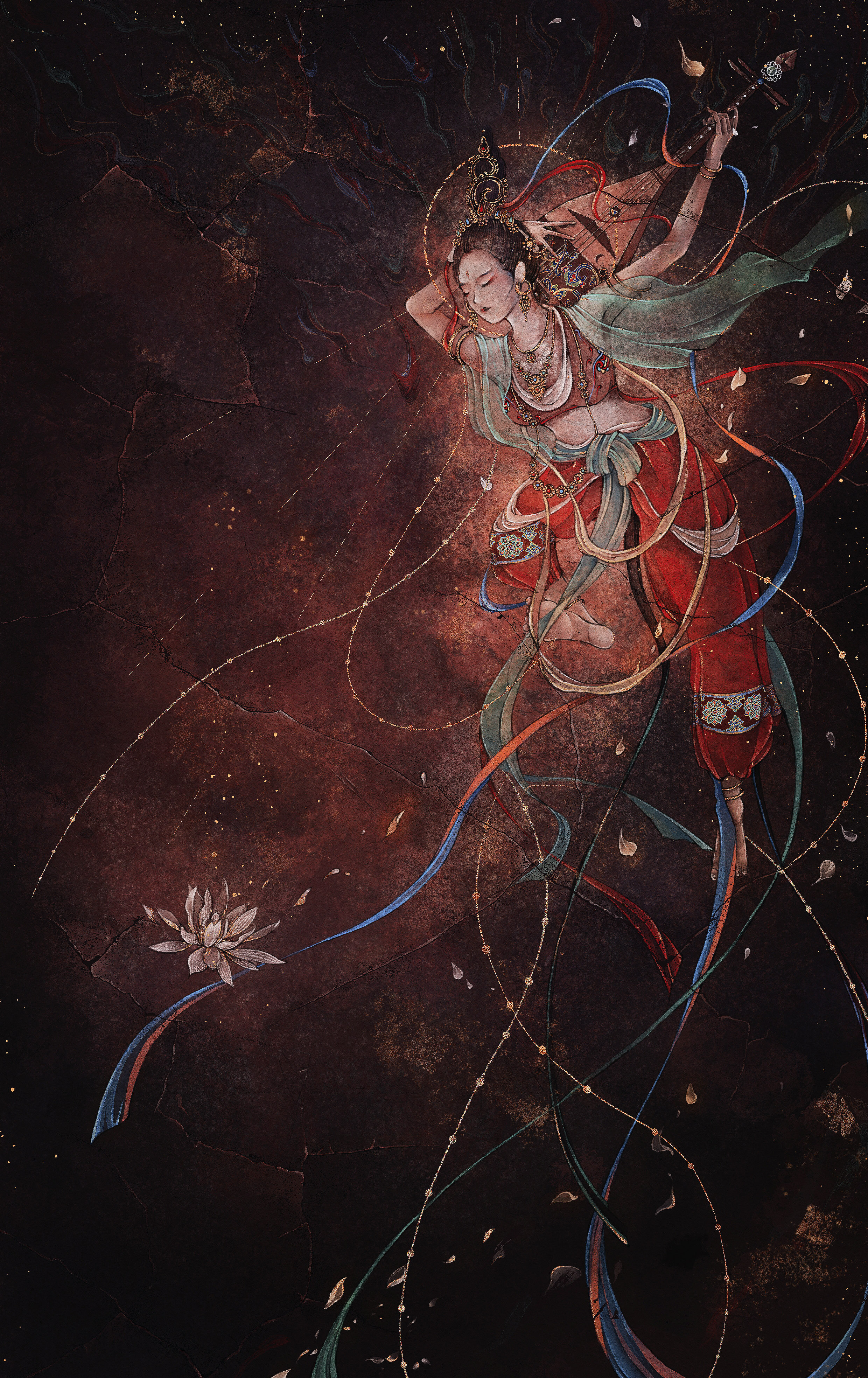 【敦煌伎乐天】合集一(附绘画过程)|插画|艺术插画|曹狗剩 - 原创作品