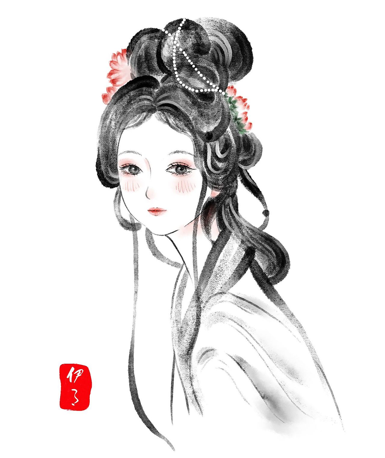 我画过的水墨风少女插画