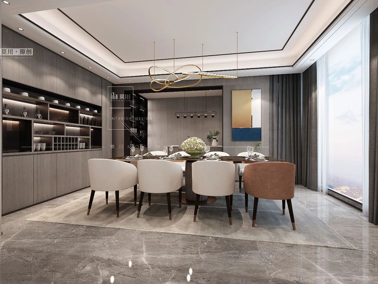 餐厅光线横向穿透,让空间得到一个横向的延伸,天花采用简洁的跌级处理,整体现代风又带有一点中式的韵味,重在意境的营造。