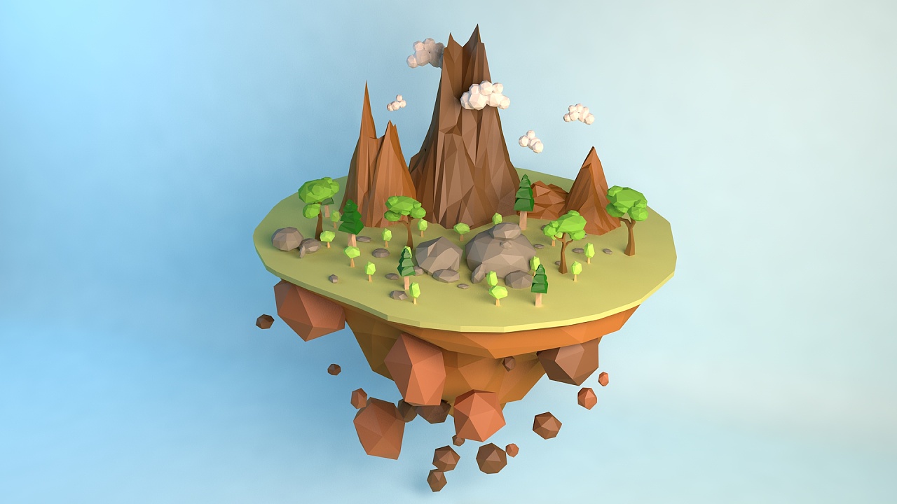 c4d低多边形浮空小岛