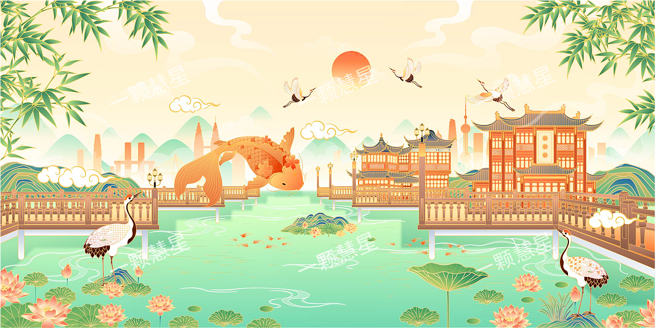 国风园林山水（图ZMjU2NTE0NDEy） - 商业插画 - 站酷设计师晚风在画画原创素材 - 站酷ZCOOL