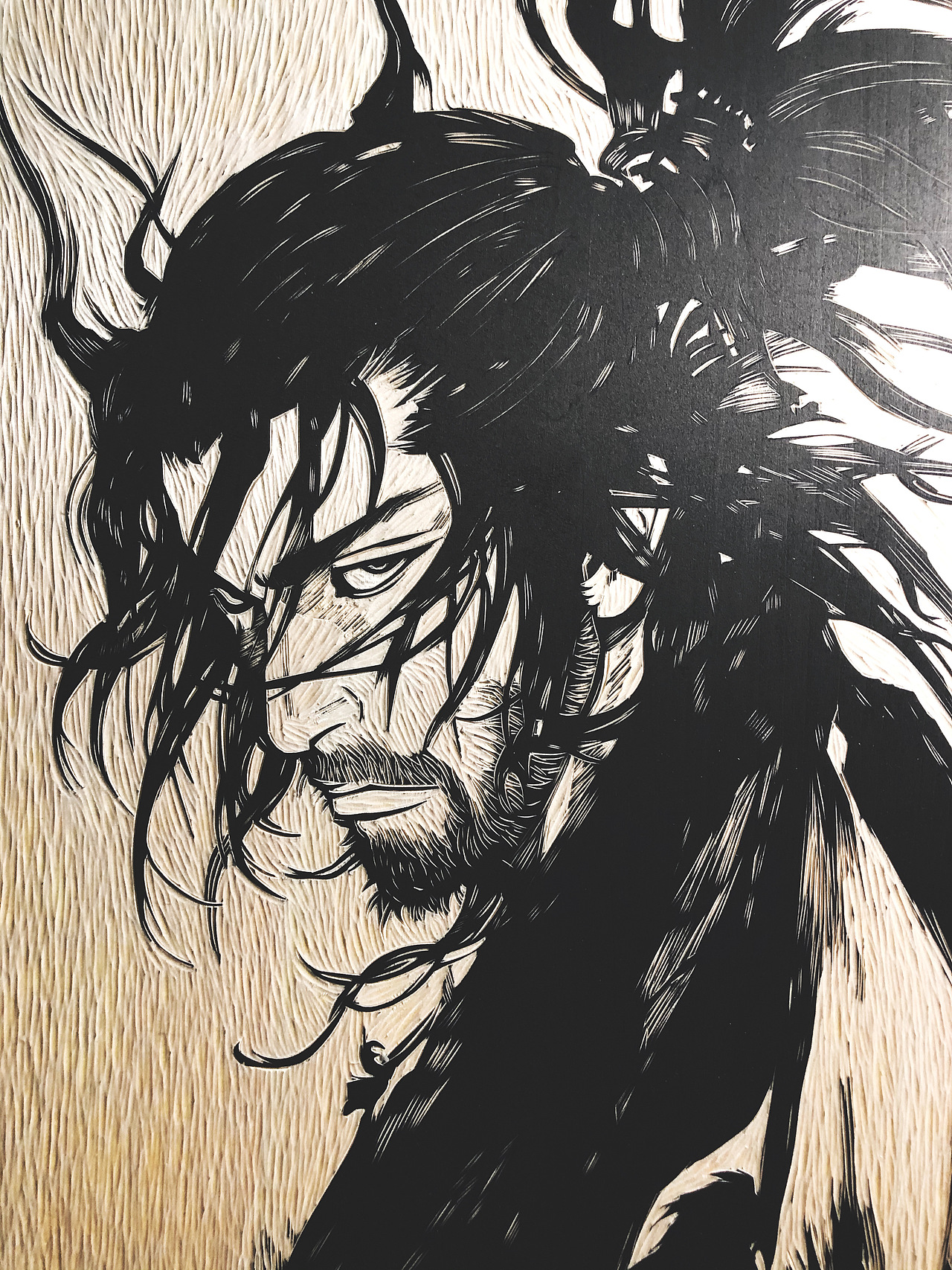 手工雕刻黑白木刻版画浪客行宫本武藏