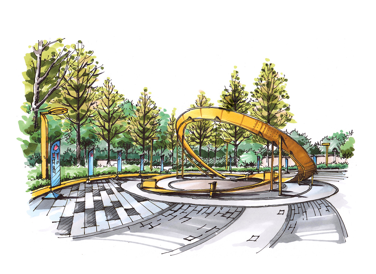 【天津手绘】历史文化广场景观设计手绘 - 风景园林手绘表现