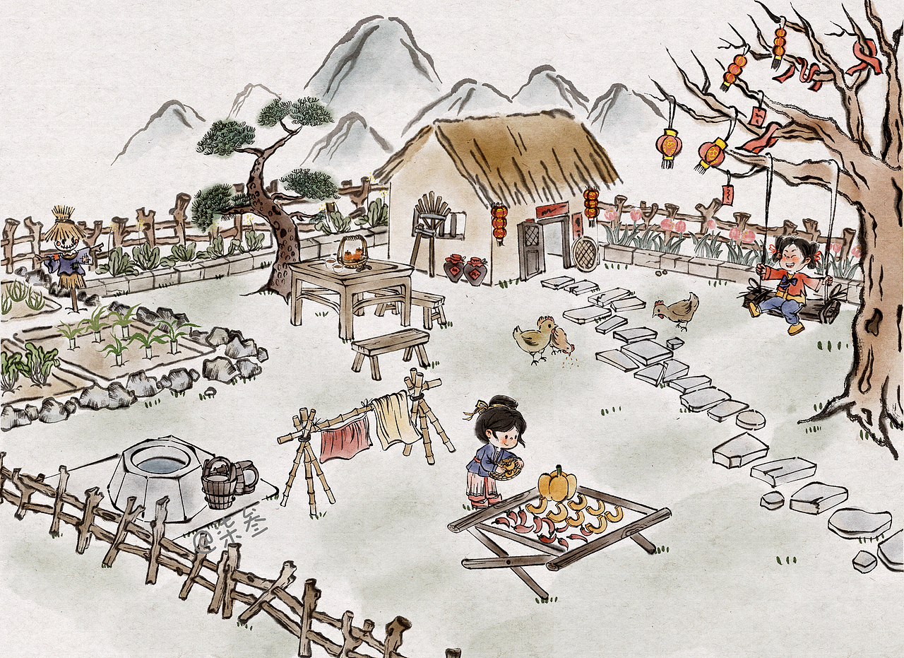 水墨小场景之农村小院（图ZMzYxMzg0NDcy） - 儿童插画 - 站酷设计师柒叁QS原创素材 - 站酷ZCOOL