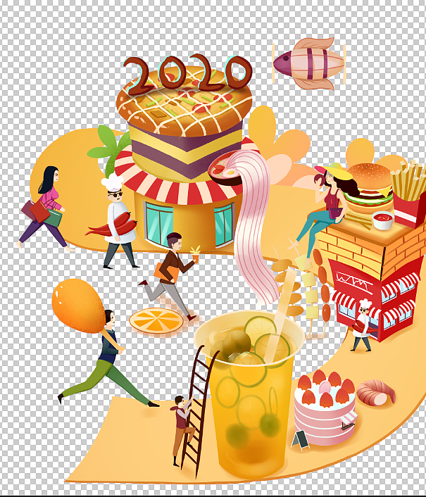 万科美食街插画海报（图ZMjAzMjYxNDY0） - 商业插画 - 站酷设计师殷十卌原创素材 - 站酷ZCOOL