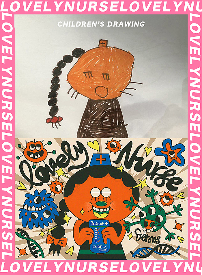 【LOVELY NURSE】上面那张为小朋友的原画,从中我感受到的就是她想表达的是一位可爱的小护士;我从这个角色延展开再创作,画了一个用爱把病毒都变可爱变好的可爱小护士。