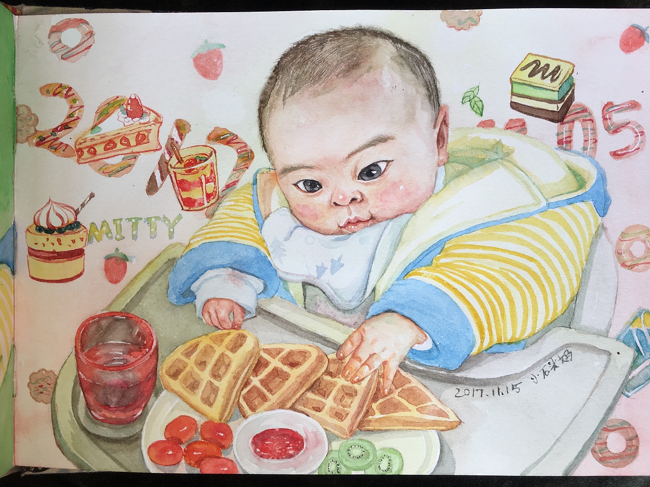 第一次坐餐椅,我把甜品端给他可不客气,伸手就想拿