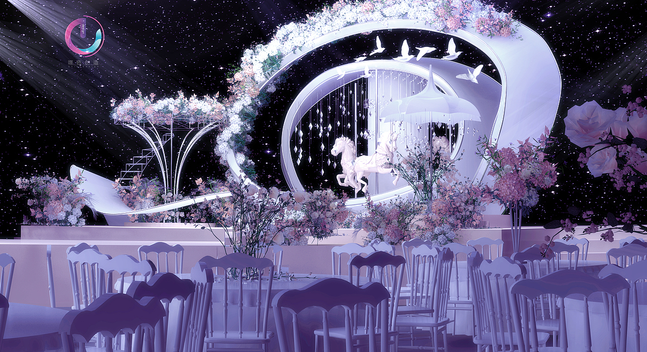 舞台的主结构为浪漫的旋转木马和丝带加上白鸽作为点缀