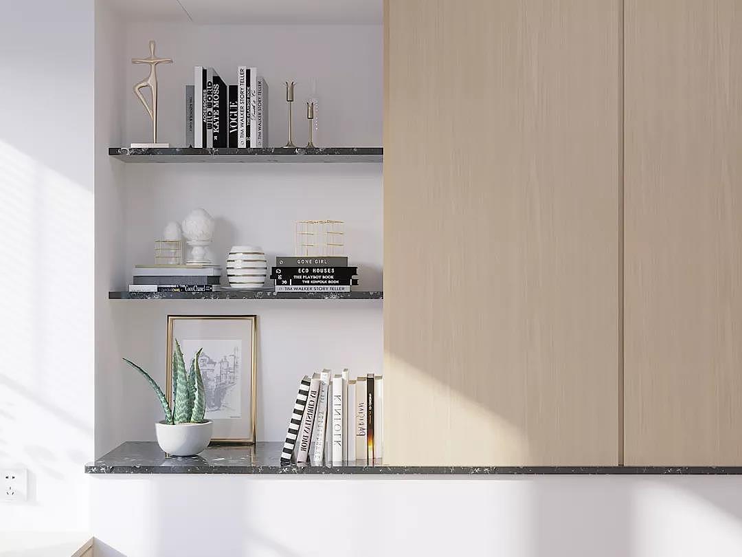 同时作为一间办公区,采用壁龛式收纳,简约精妙的如同商店的橱窗,让家遇见生活的井然有序