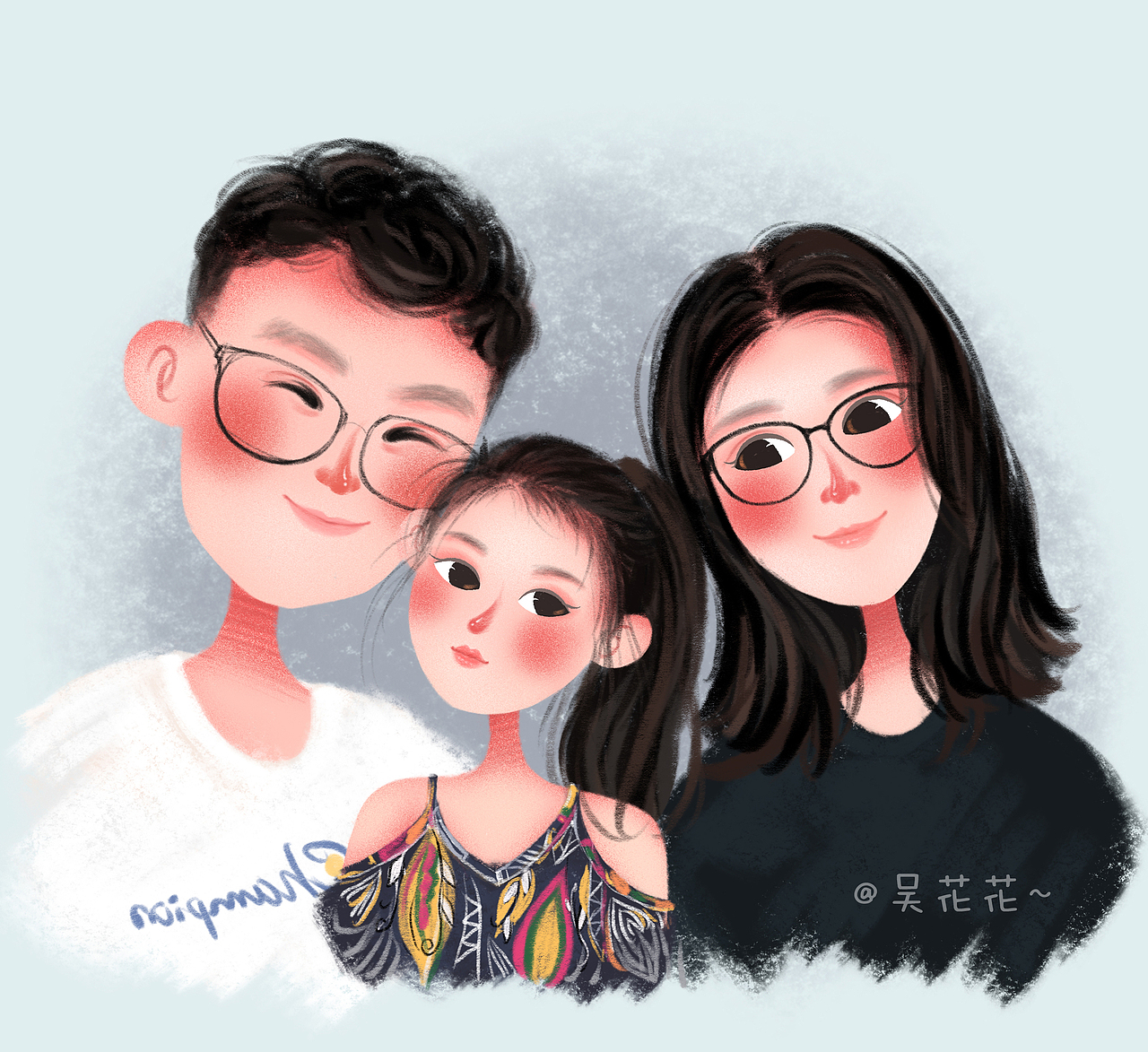 手绘头像三口之家