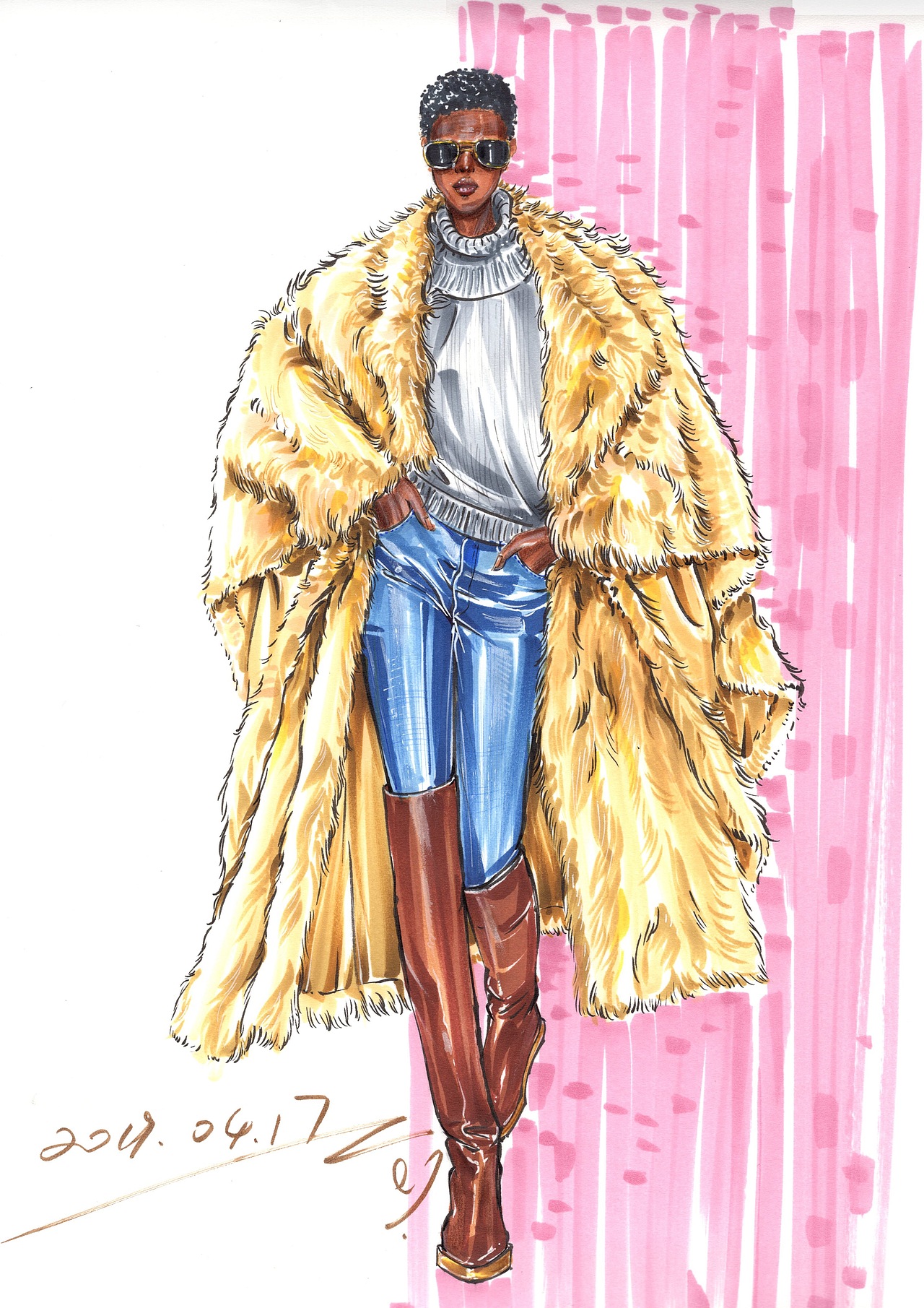 服装手绘马克笔时装画皮草面料步骤图