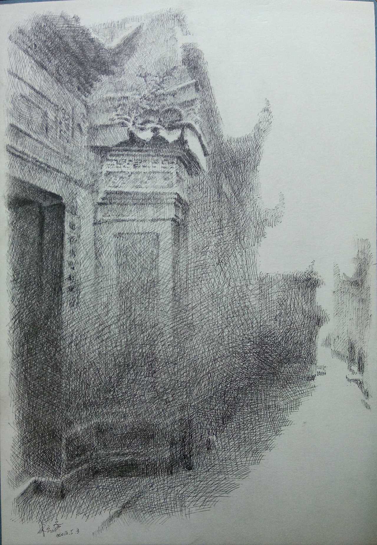 安徽西递,屏山钢笔画写生