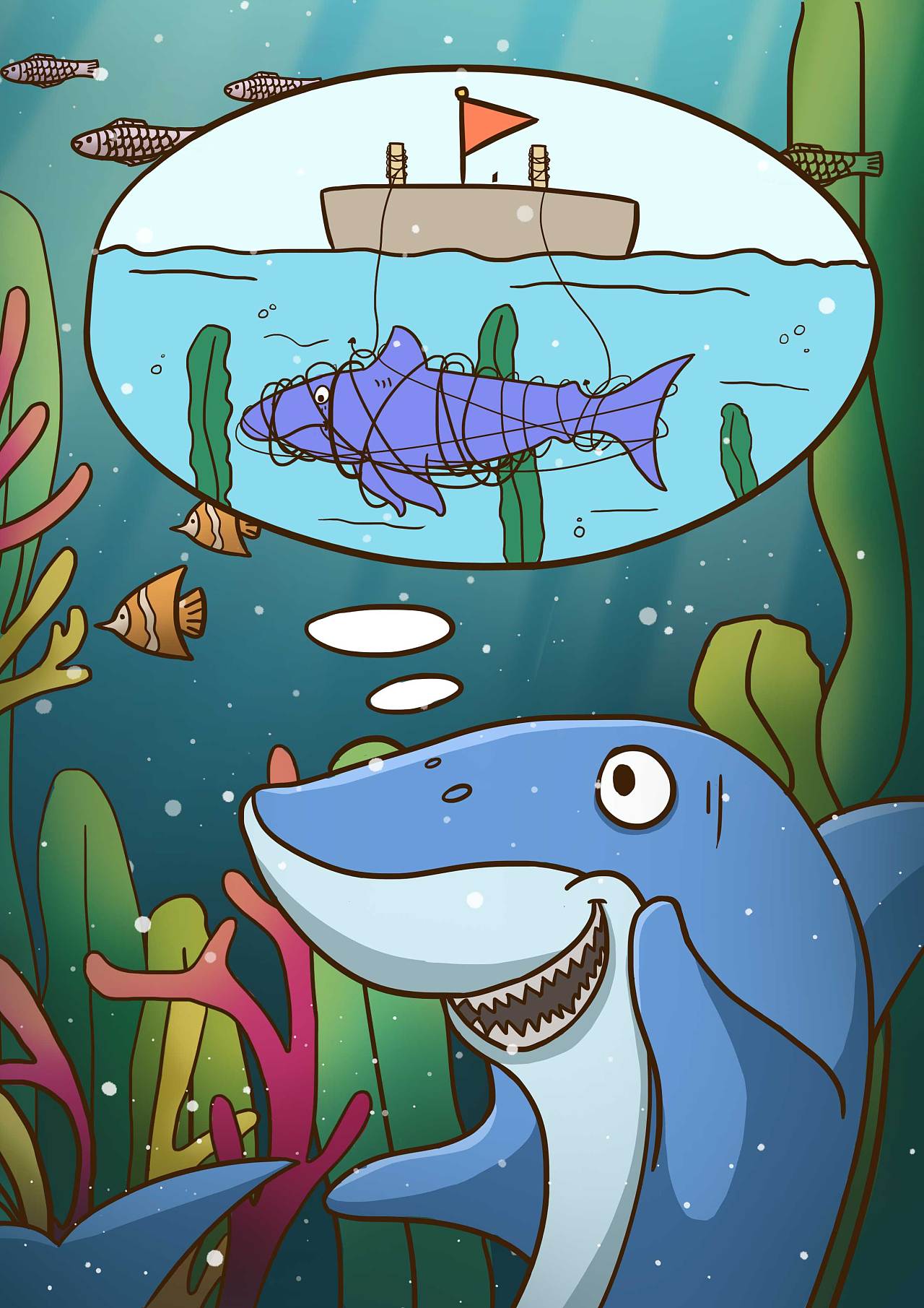 上帝又施法帮了他一次,把他变成了大鲨鱼,让他成为海洋霸主!