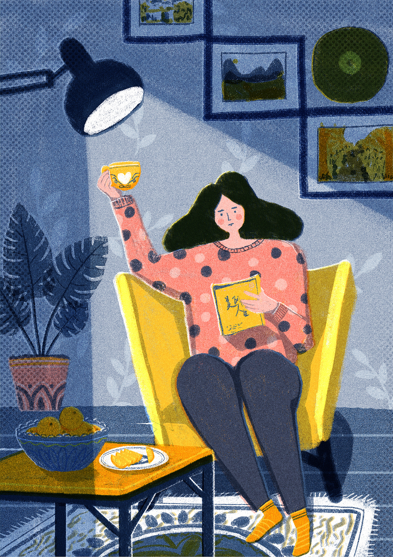 扁平风插画 室内小场景 丝网印风格 夸张人物插画