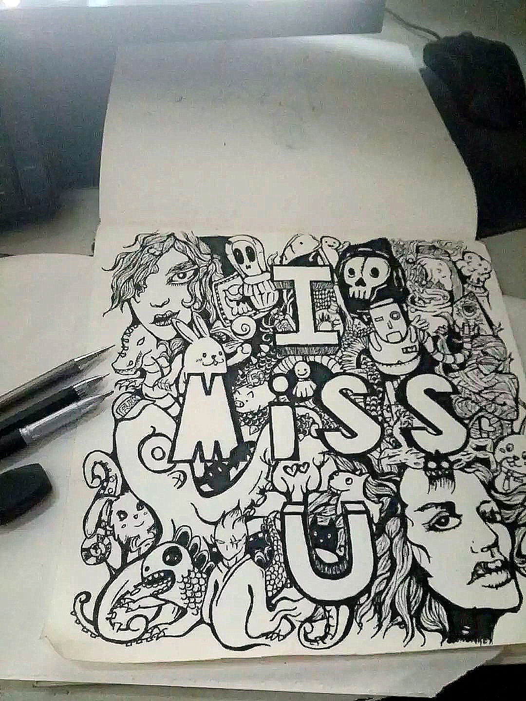 手绘个性涂鸦插画黑白  I MISS YOU