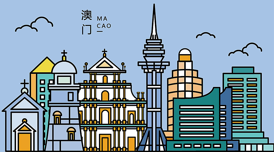 城市地标建筑矢量描边插画