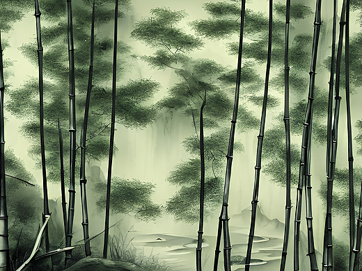 #站酷梦笔#竹林小溪，国画（个人主页-ZNjQwODU0MTI=） - AI作品 - 站酷设计师君轻笑原创素材 - 站酷ZCOOL