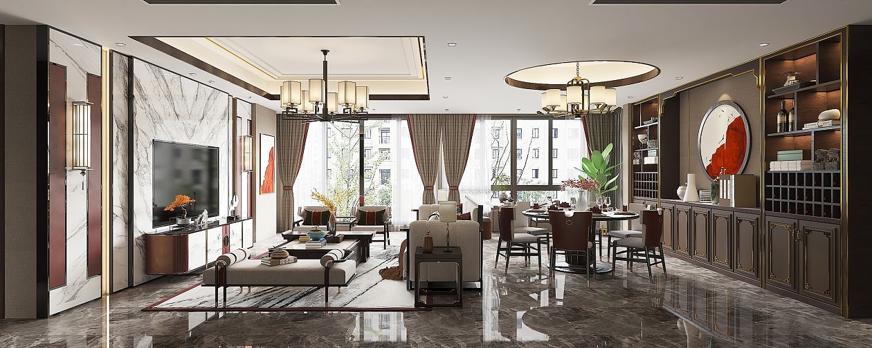 新中式客厅.餐厅.模型