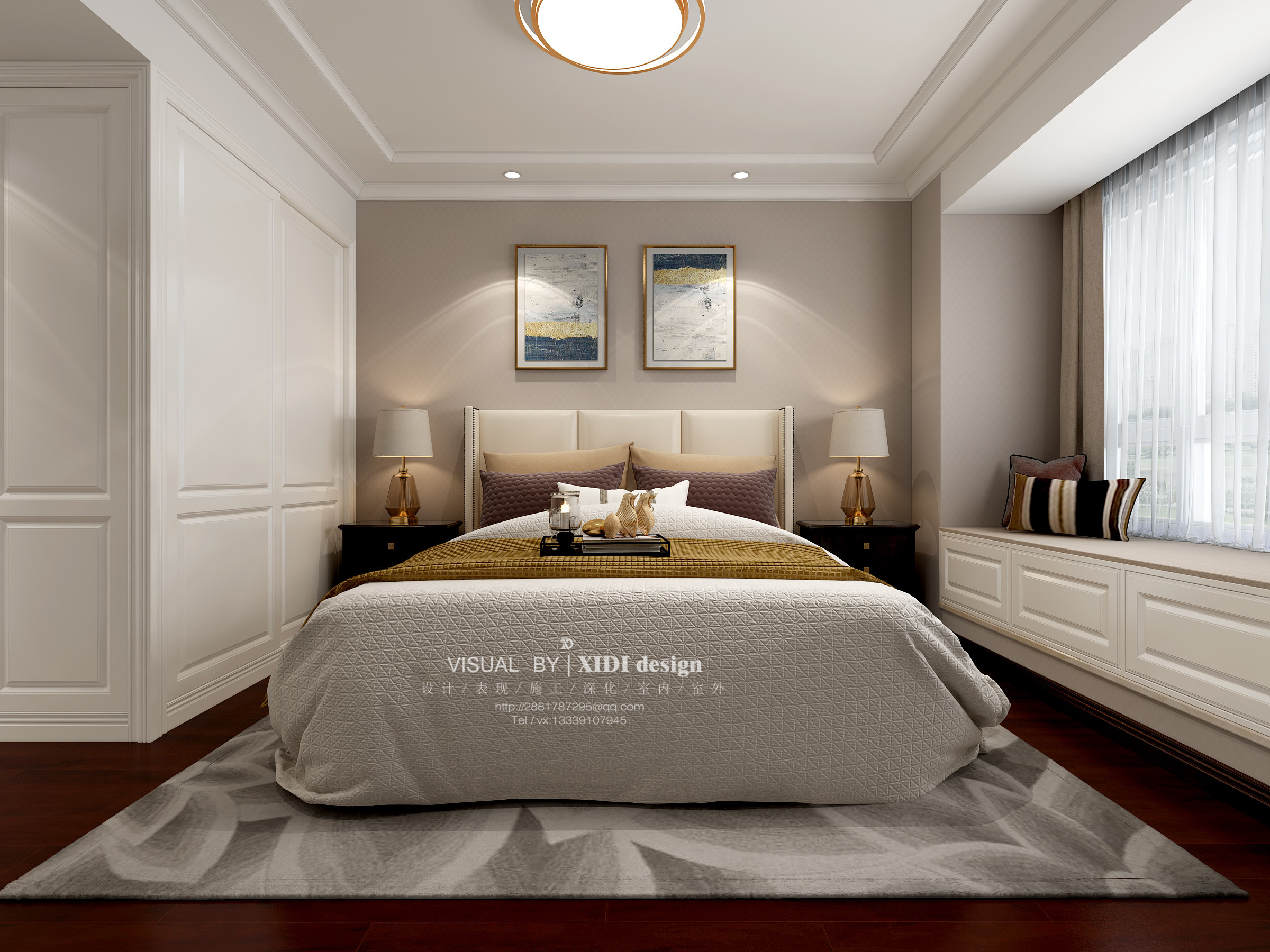 美式风格卧室白色造型背景墙效果图 – 设计本装修效果图