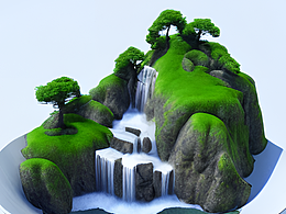 #站酷梦笔#陶瓷盖碗，松树，瀑布，小草，岩石，现实主